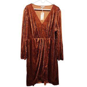 Rust Orange Velvet Pleated Wrap Dress Long Sleeves & Tie By Simplee Size 4XL